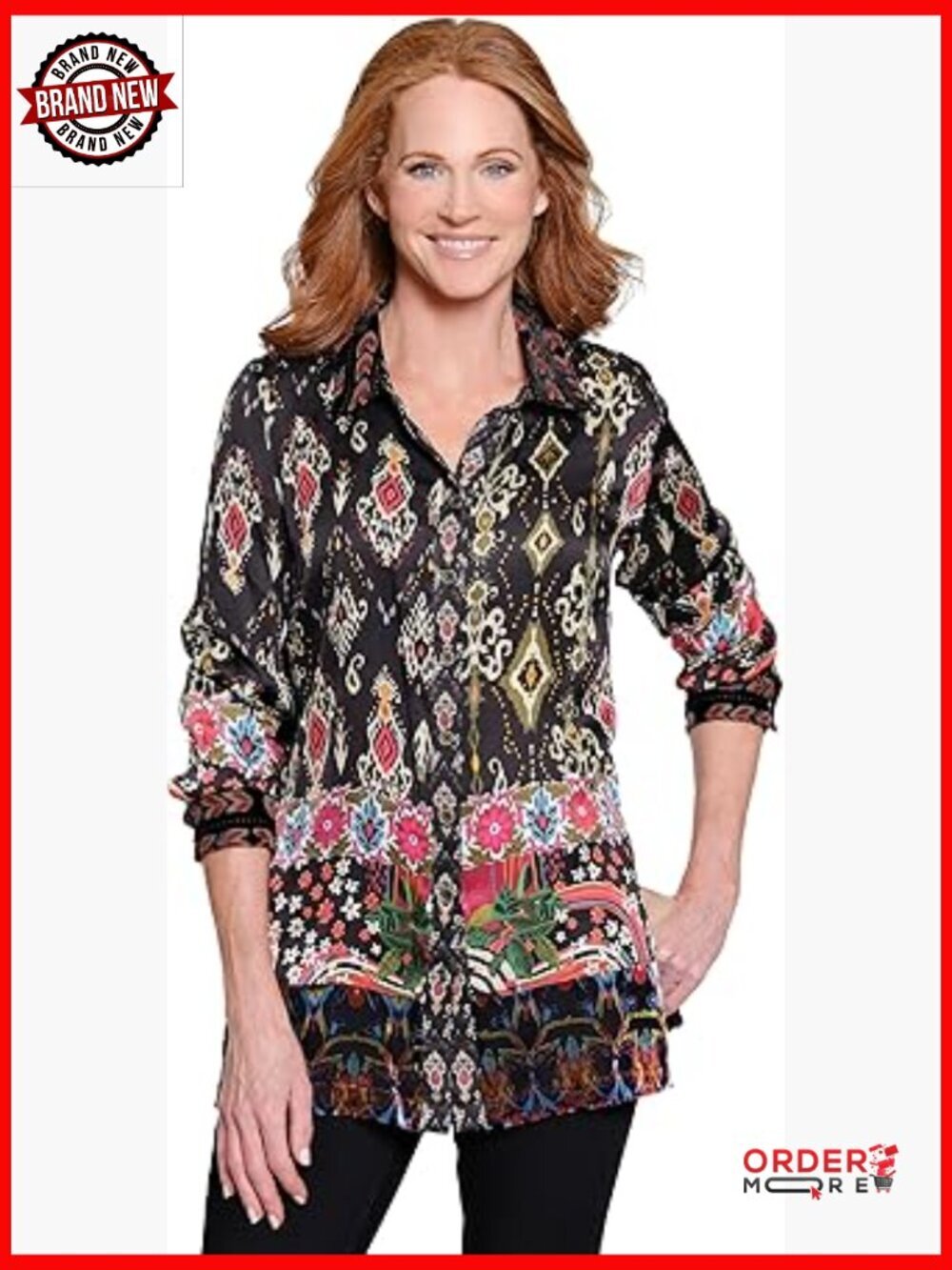 Mix Print Button Front Woven Shirt with Velvet Trim